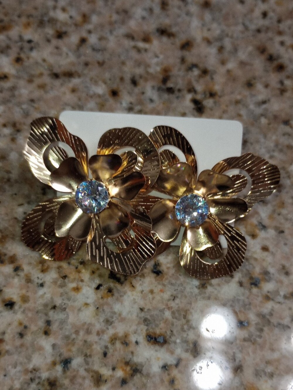 Gold Tone Metal Flower Studs Earrings With Gem Center Accent